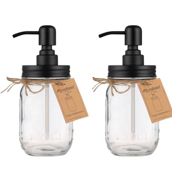 Plomkeest 2-Pack 16oz Mason Jar Soap Dispenser Clear Glass Jar Soap Dispenser with Stainless Steel Pump Liquid Soap Dispensers(Black)